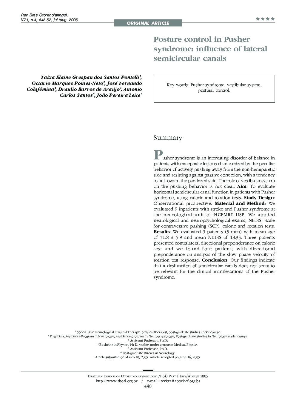 Posture control in Pusher syndrome: influence of lateral semicircular canals