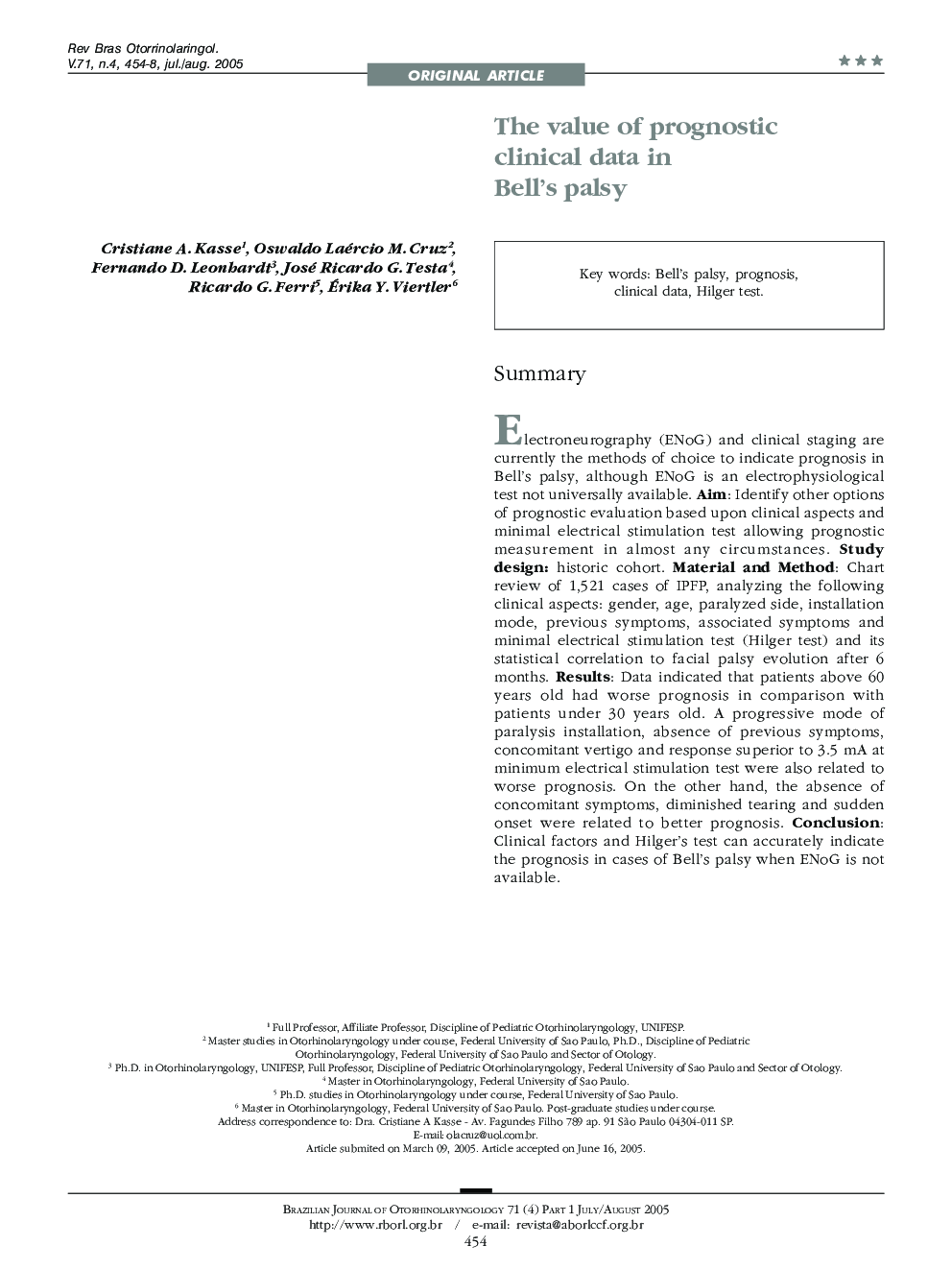 The value of prognostic clinical data in Bell's palsy