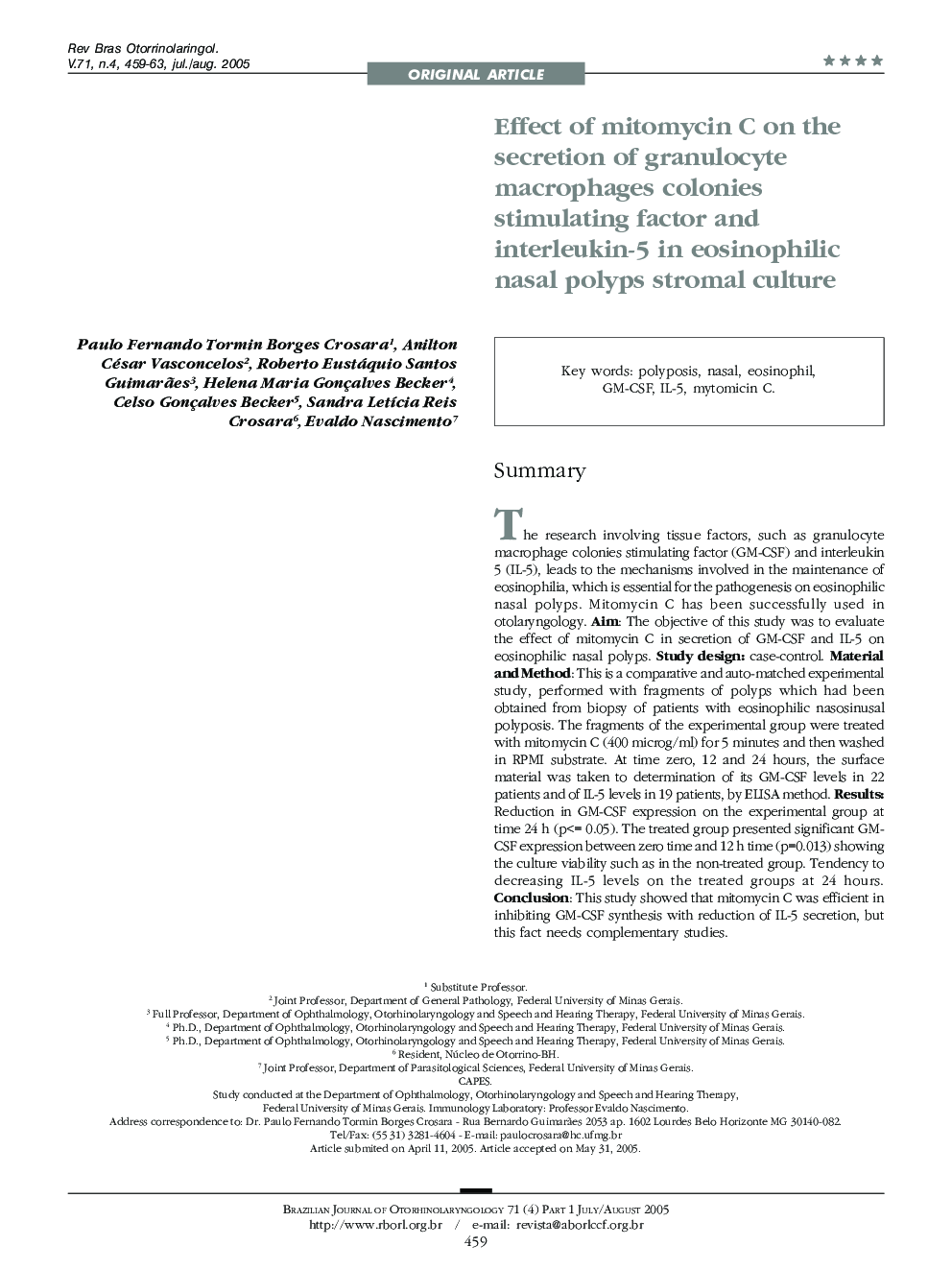 Effect of mitomycin C on the secretion of granulocyte macrophages colonies stimulating factor and interleukin-5 in eosinophilic nasal polyps stromal culture