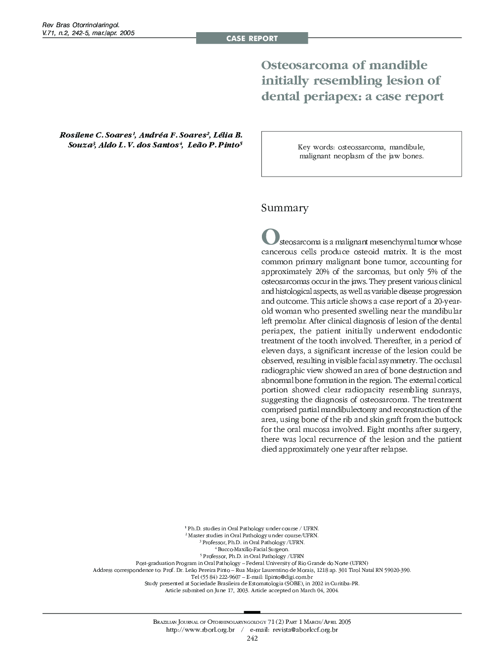 Osteosarcoma of mandible initially resembling lesion of dental periapex: a case report