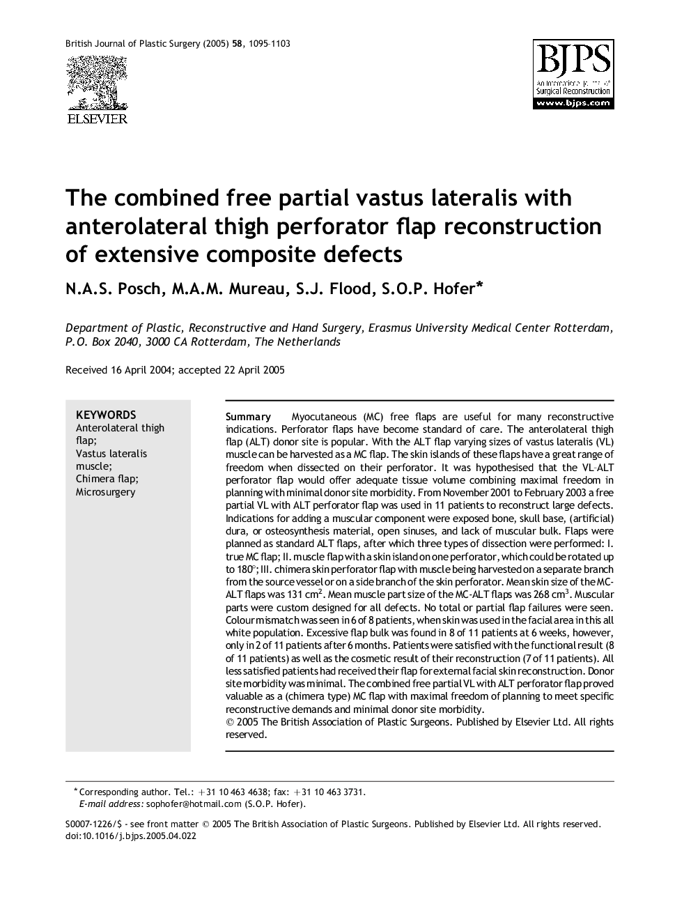 The combined free partial vastus lateralis with anterolateral thigh perforator flap reconstruction of extensive composite defects