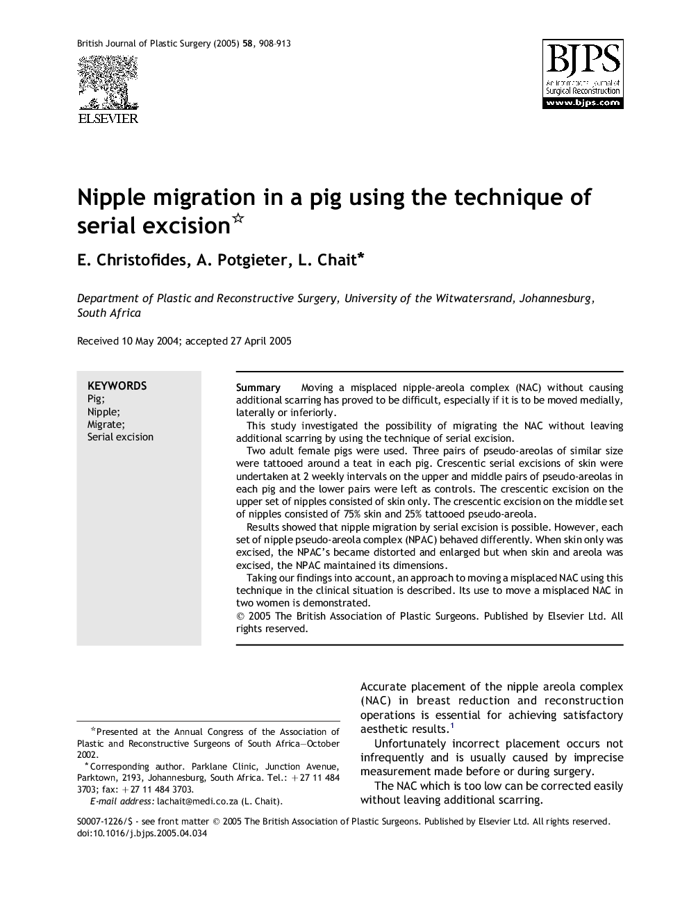 Nipple migration in a pig using the technique of serial excision