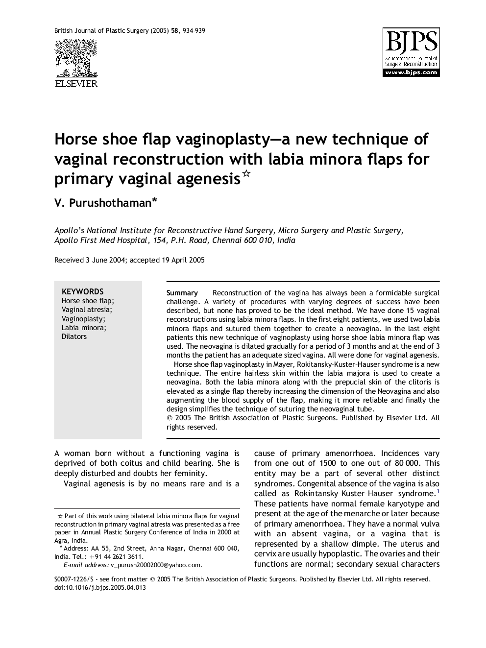 Horse shoe flap vaginoplasty-a new technique of vaginal reconstruction with labia minora flaps for primary vaginal agenesis