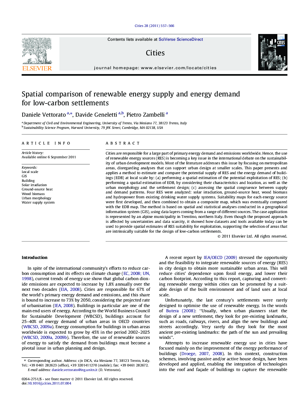 Spatial comparison of renewable energy supply and energy demand for low-carbon settlements