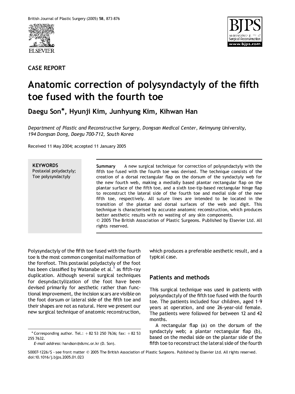 Anatomic correction of polysyndactyly of the fifth toe fused with the fourth toe