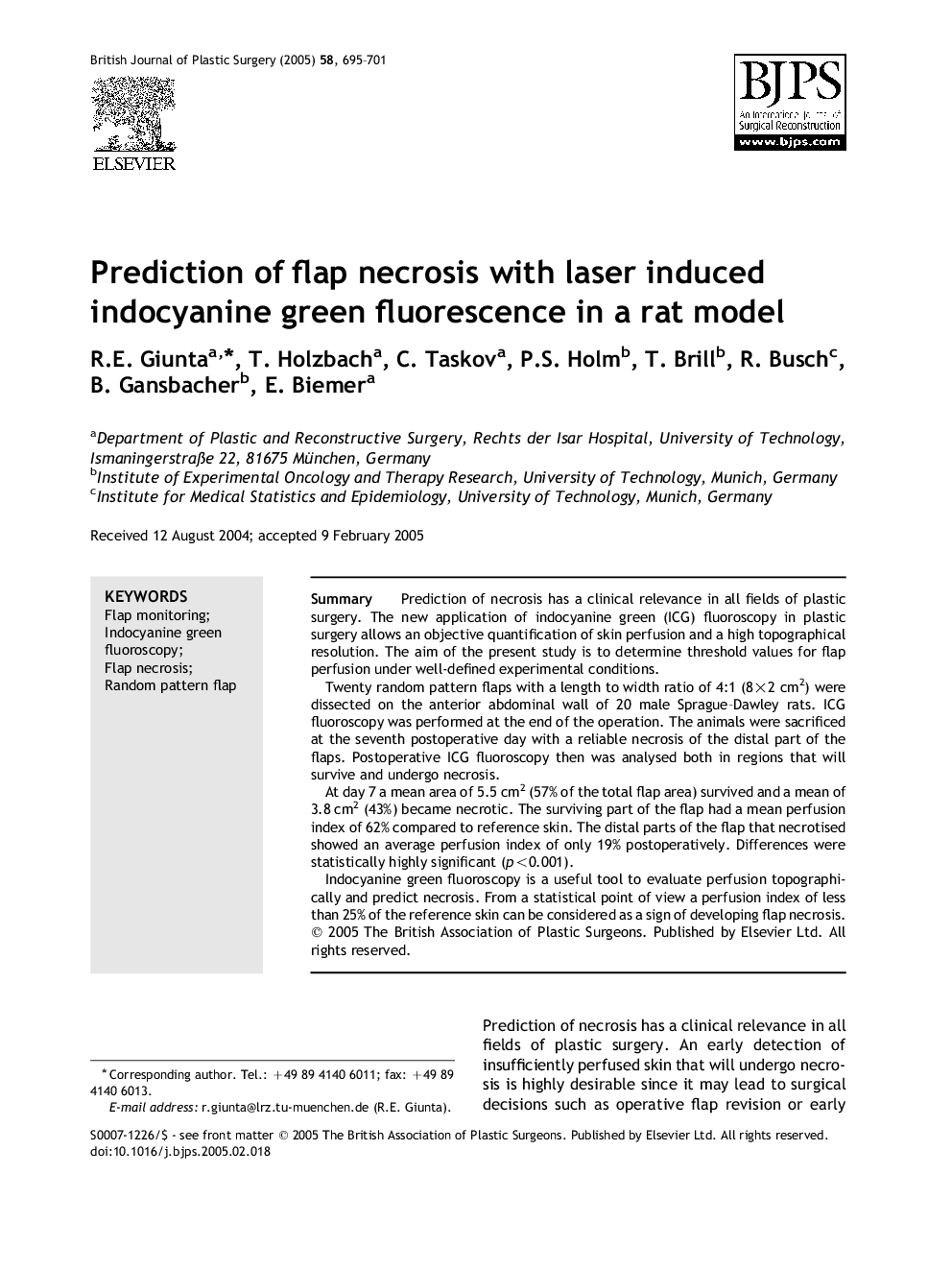 Prediction of flap necrosis with laser induced indocyanine green fluorescence in a rat model
