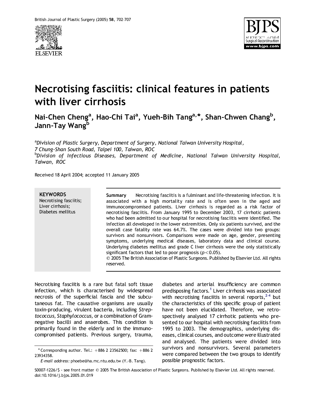 Necrotising fasciitis: clinical features in patients with liver cirrhosis