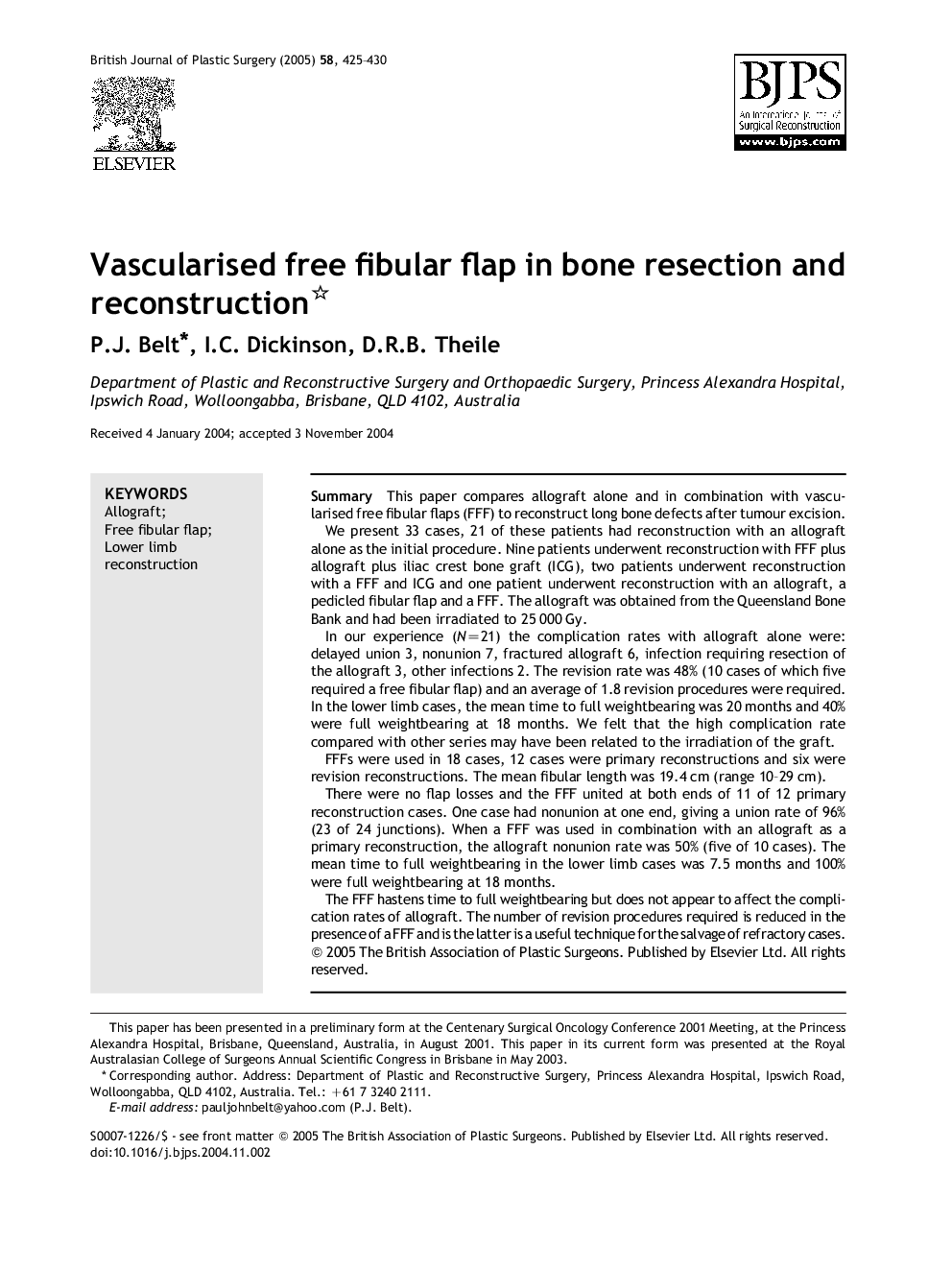 Vascularised free fibular flap in bone resection and reconstruction