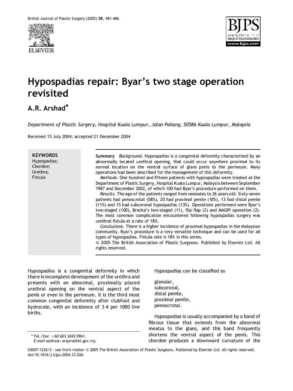 Hypospadias repair: Byar's two stage operation revisited