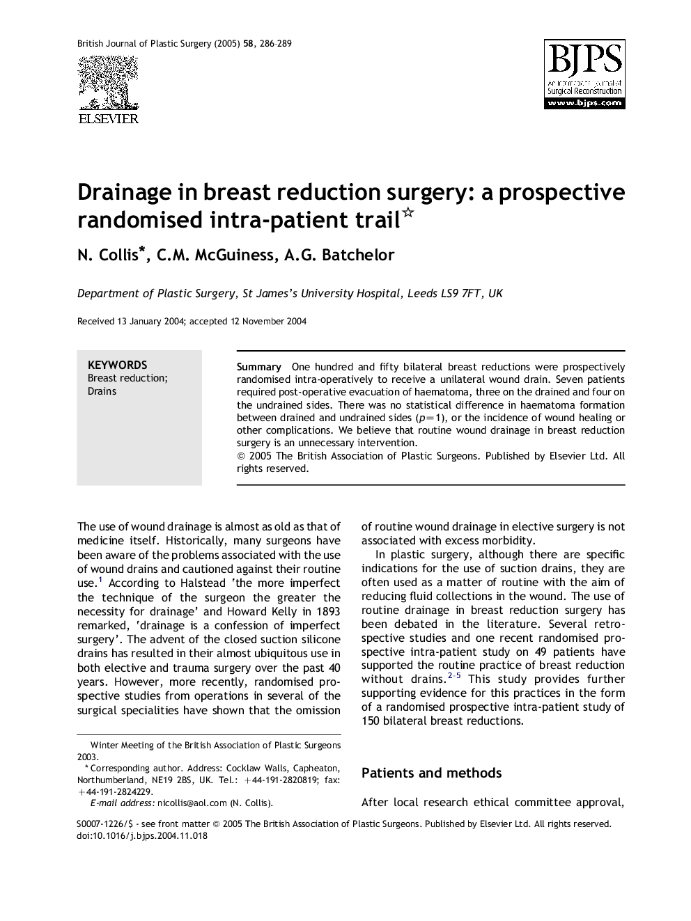 Drainage in breast reduction surgery: a prospective randomised intra-patient trail