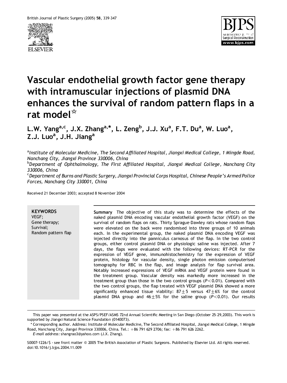 Vascular endothelial growth factor gene therapy with intramuscular injections of plasmid DNA enhances the survival of random pattern flaps in a rat model