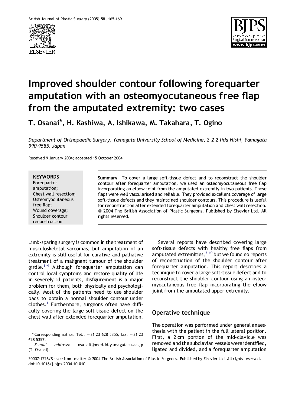 Improved shoulder contour following forequarter amputation with an osteomyocutaneous free flap from the amputated extremity: two cases