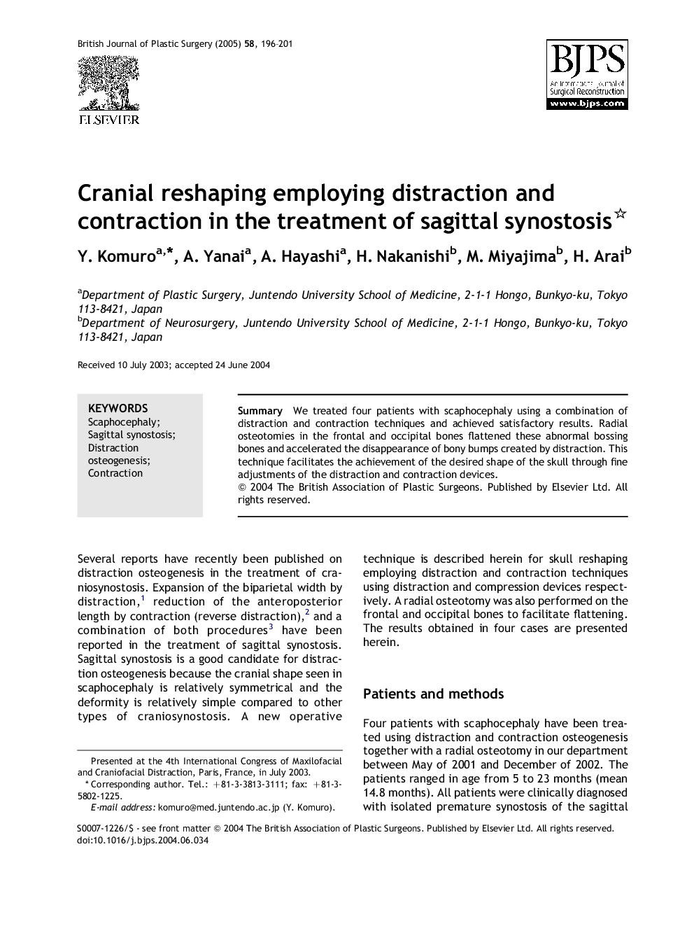 Cranial reshaping employing distraction and contraction in the treatment of sagittal synostosis