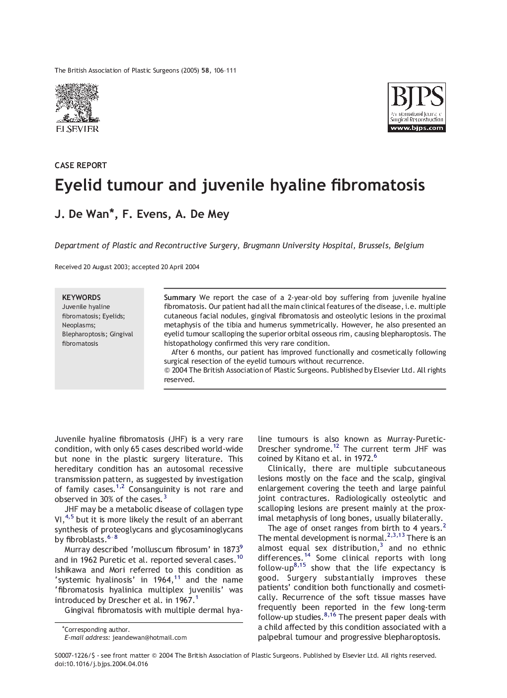 Eyelid tumour and juvenile hyaline fibromatosis