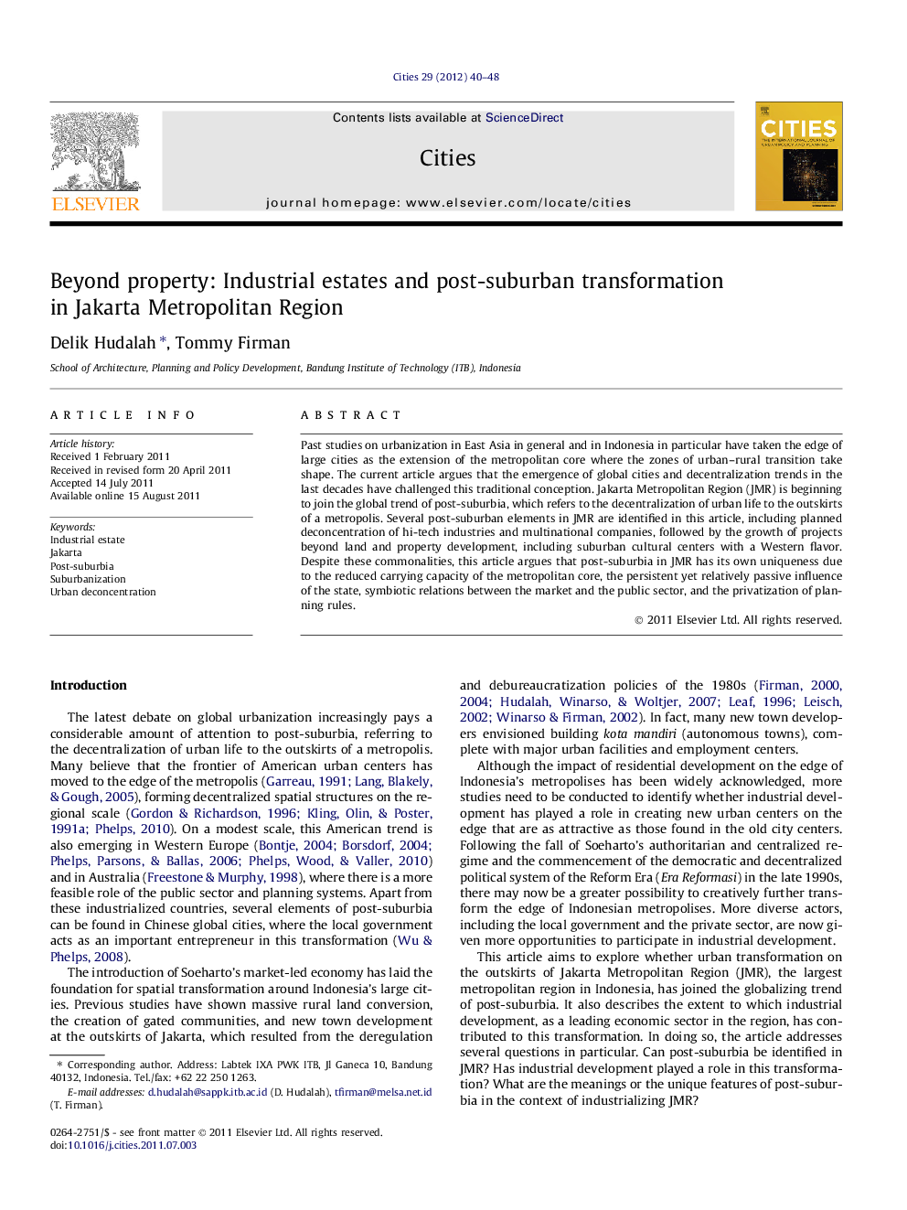 Beyond property: Industrial estates and post-suburban transformation in Jakarta Metropolitan Region