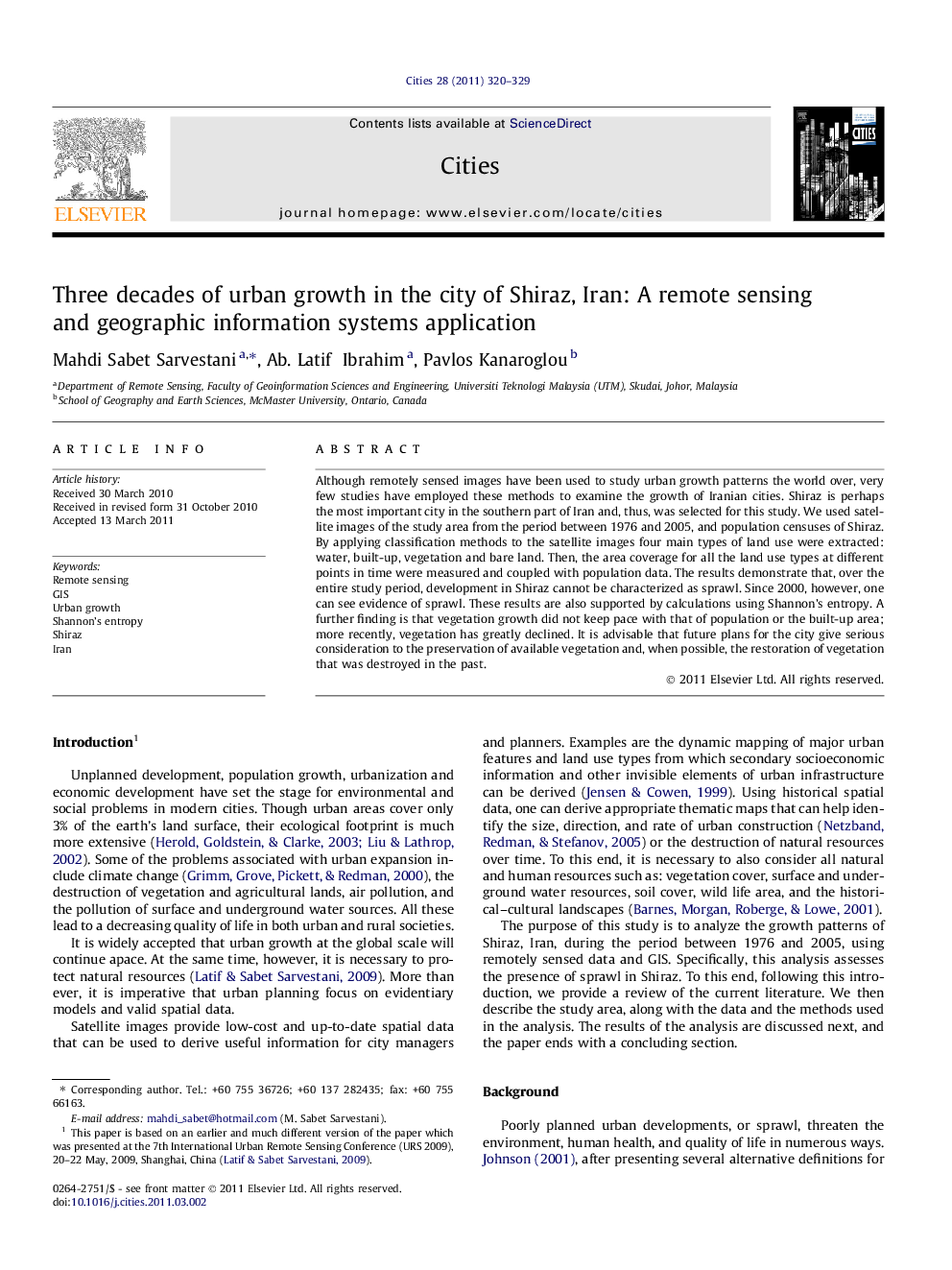 Three decades of urban growth in the city of Shiraz, Iran: A remote sensing and geographic information systems application