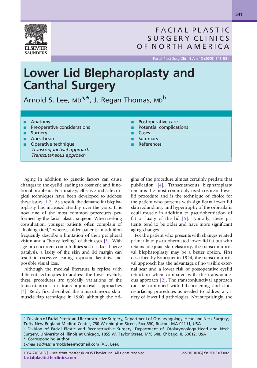 Lower Lid Blepharoplasty and Canthal Surgery