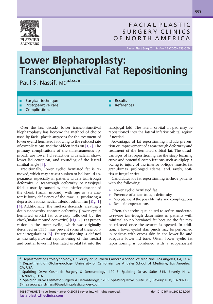 Lower Blepharoplasty: Transconjunctival Fat Repositioning