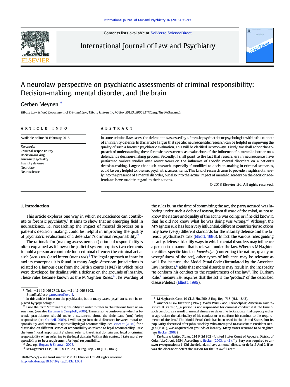 A neurolaw perspective on psychiatric assessments of criminal responsibility: Decision-making, mental disorder, and the brain