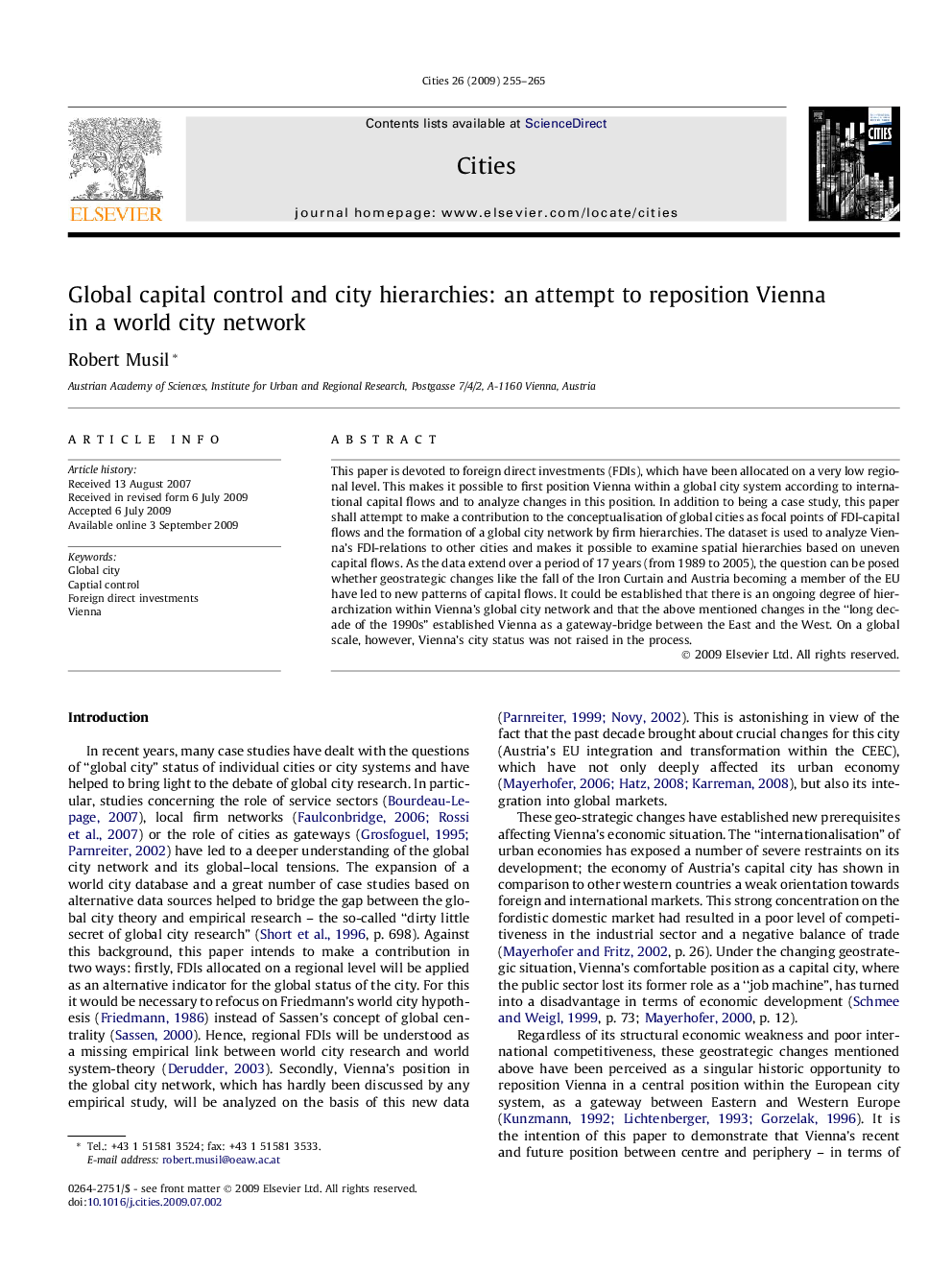 Global capital control and city hierarchies: an attempt to reposition Vienna in a world city network