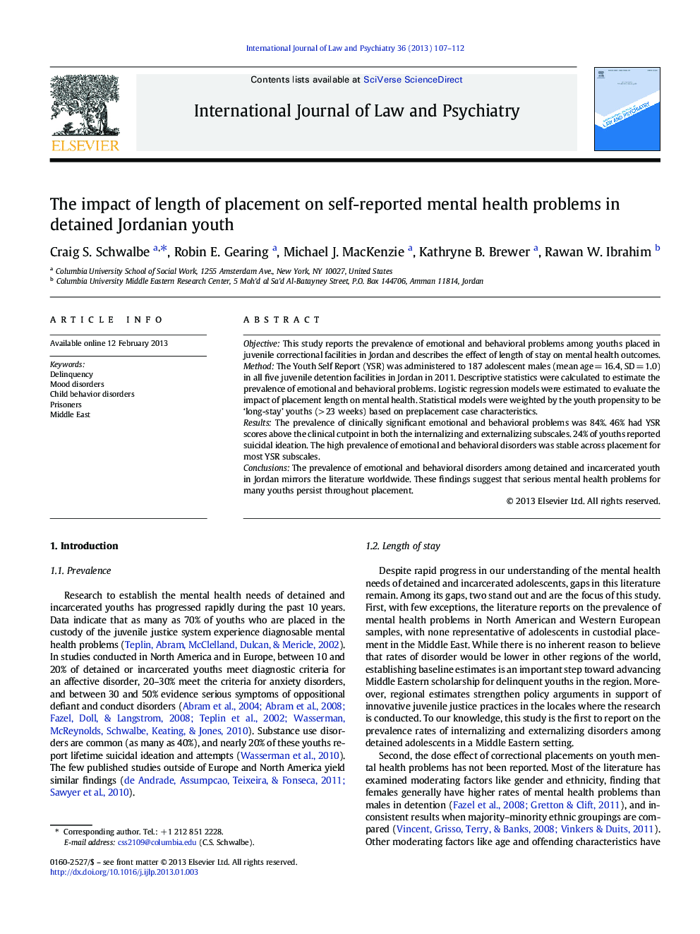 The impact of length of placement on self-reported mental health problems in detained Jordanian youth