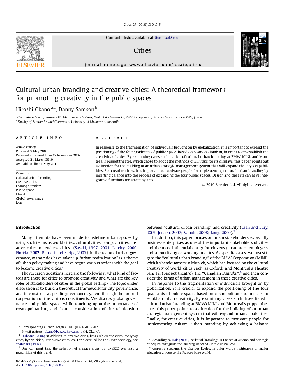 Cultural urban branding and creative cities: A theoretical framework for promoting creativity in the public spaces