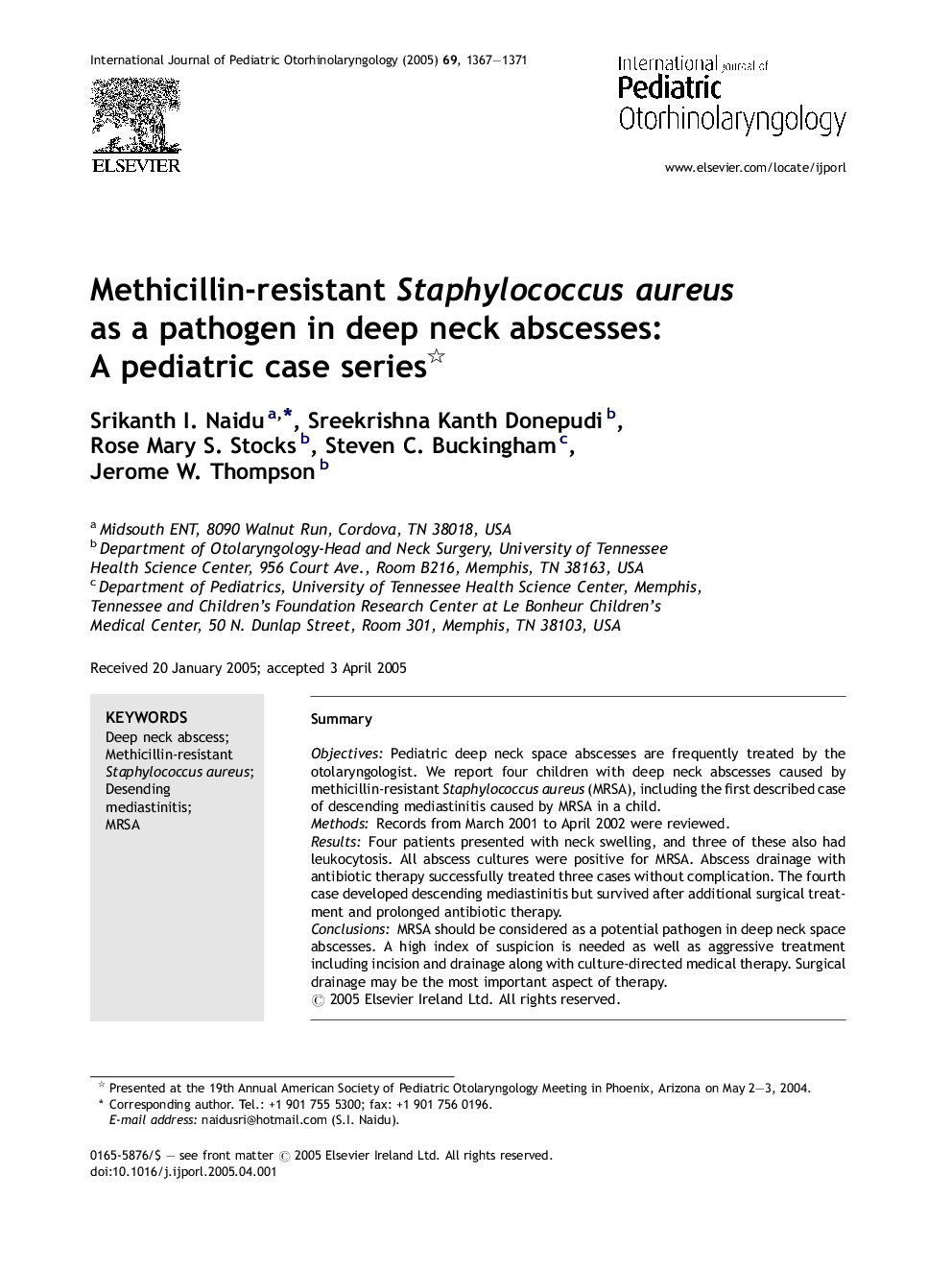 Methicillin-resistant Staphylococcus aureus as a pathogen in deep neck abscesses: A pediatric case series