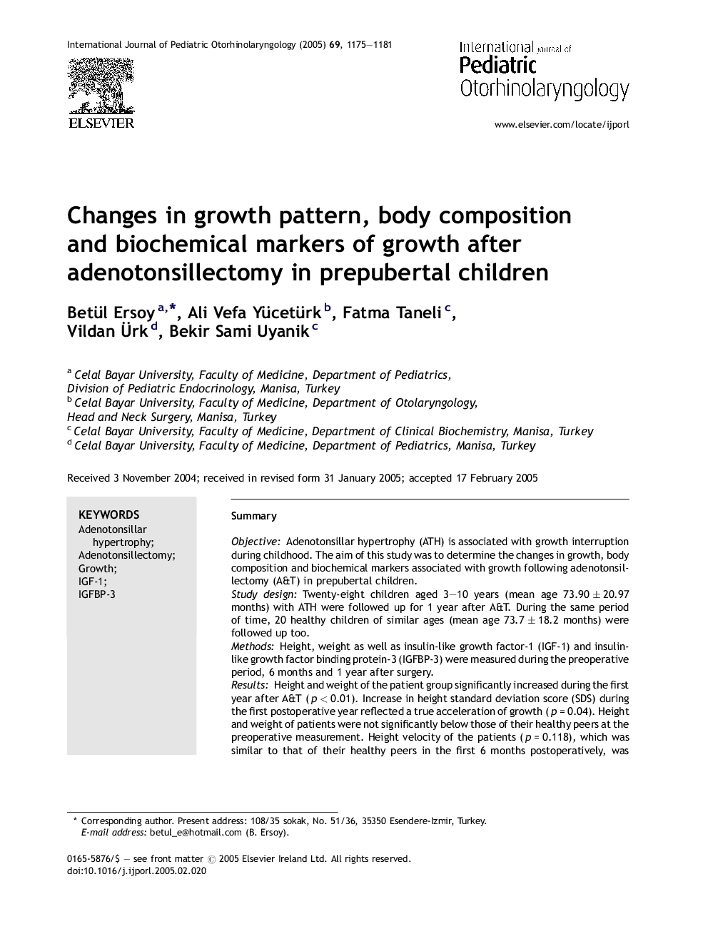 Changes in growth pattern, body composition and biochemical markers of growth after adenotonsillectomy in prepubertal children