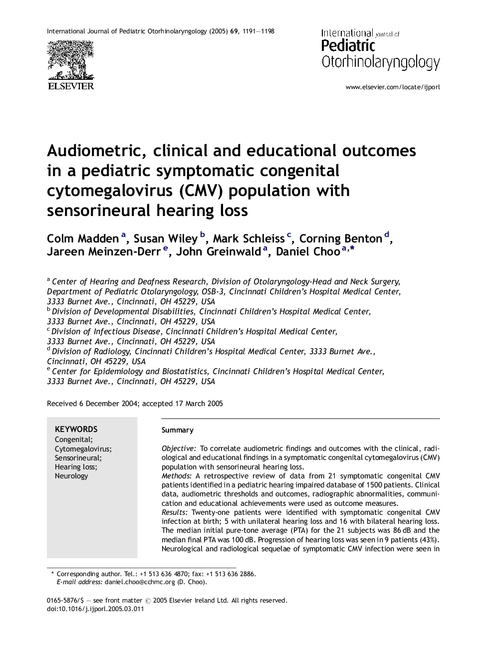 Audiometric, clinical and educational outcomes in a pediatric symptomatic congenital cytomegalovirus (CMV) population with sensorineural hearing loss