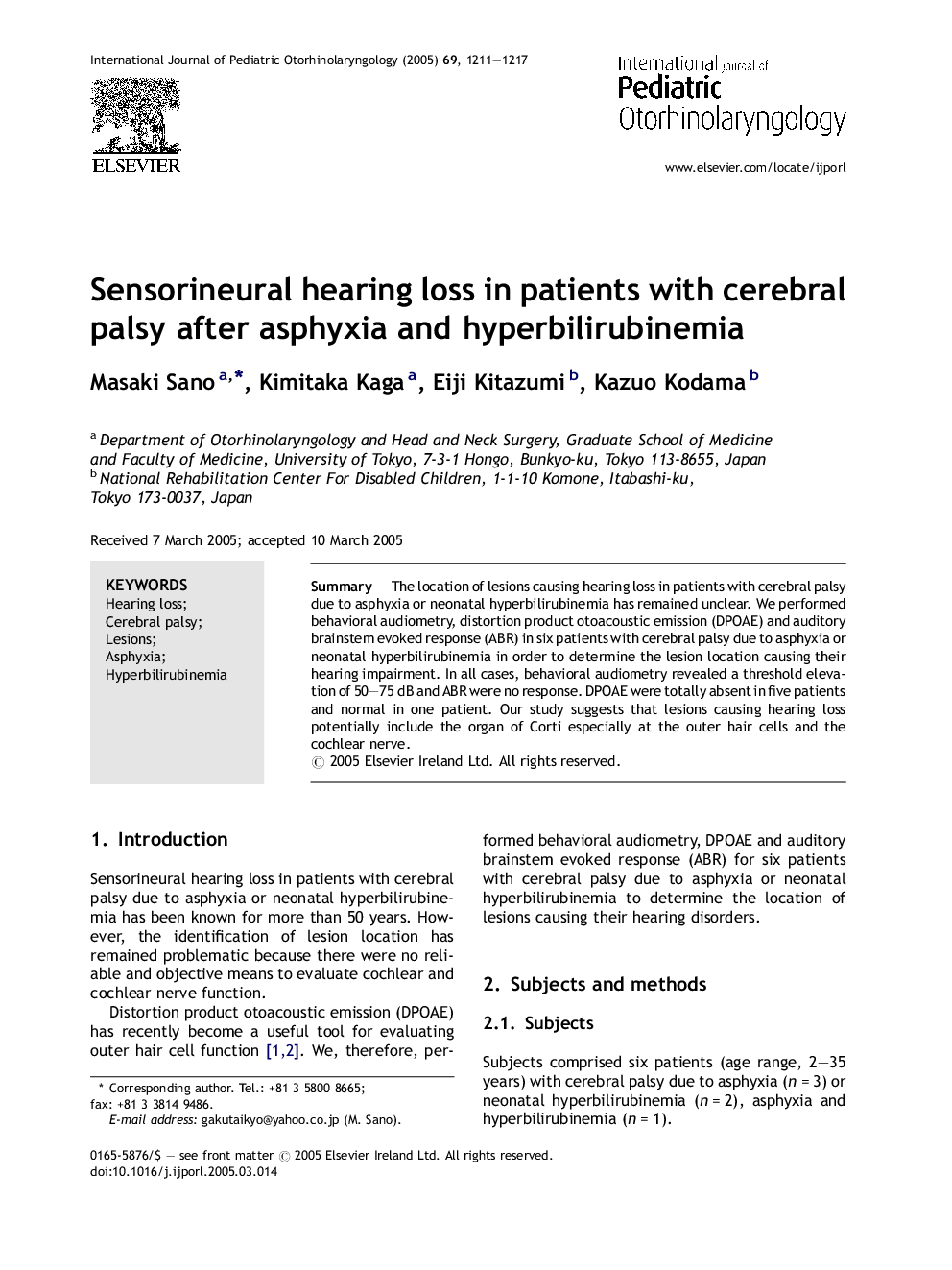 Sensorineural hearing loss in patients with cerebral palsy after asphyxia and hyperbilirubinemia