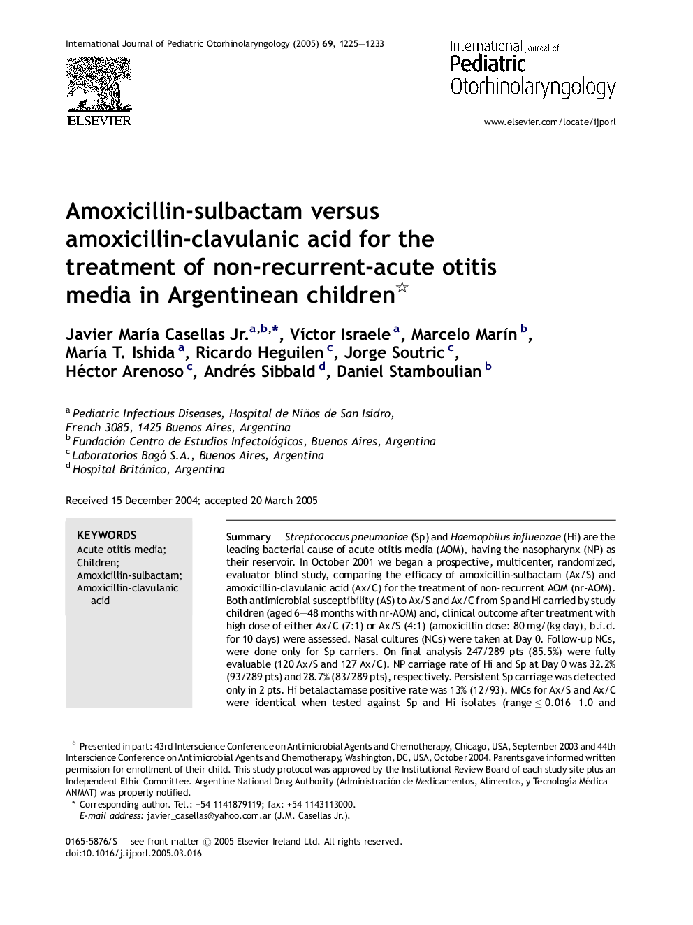 Amoxicillin-sulbactam versus amoxicillin-clavulanic acid for the treatment of non-recurrent-acute otitis media in Argentinean children