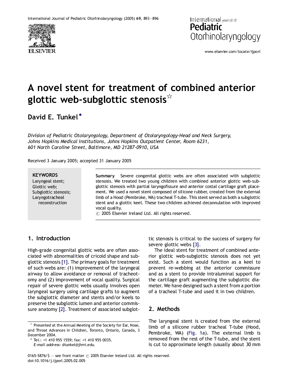 A novel stent for treatment of combined anterior glottic web-subglottic stenosis
