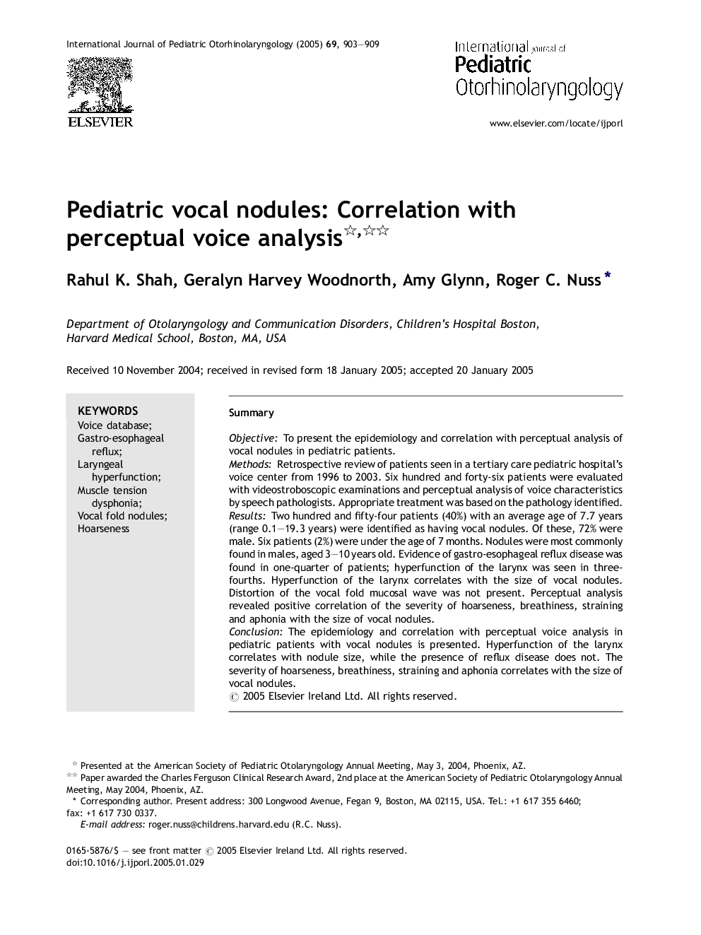 Pediatric vocal nodules: Correlation with perceptual voice analysis