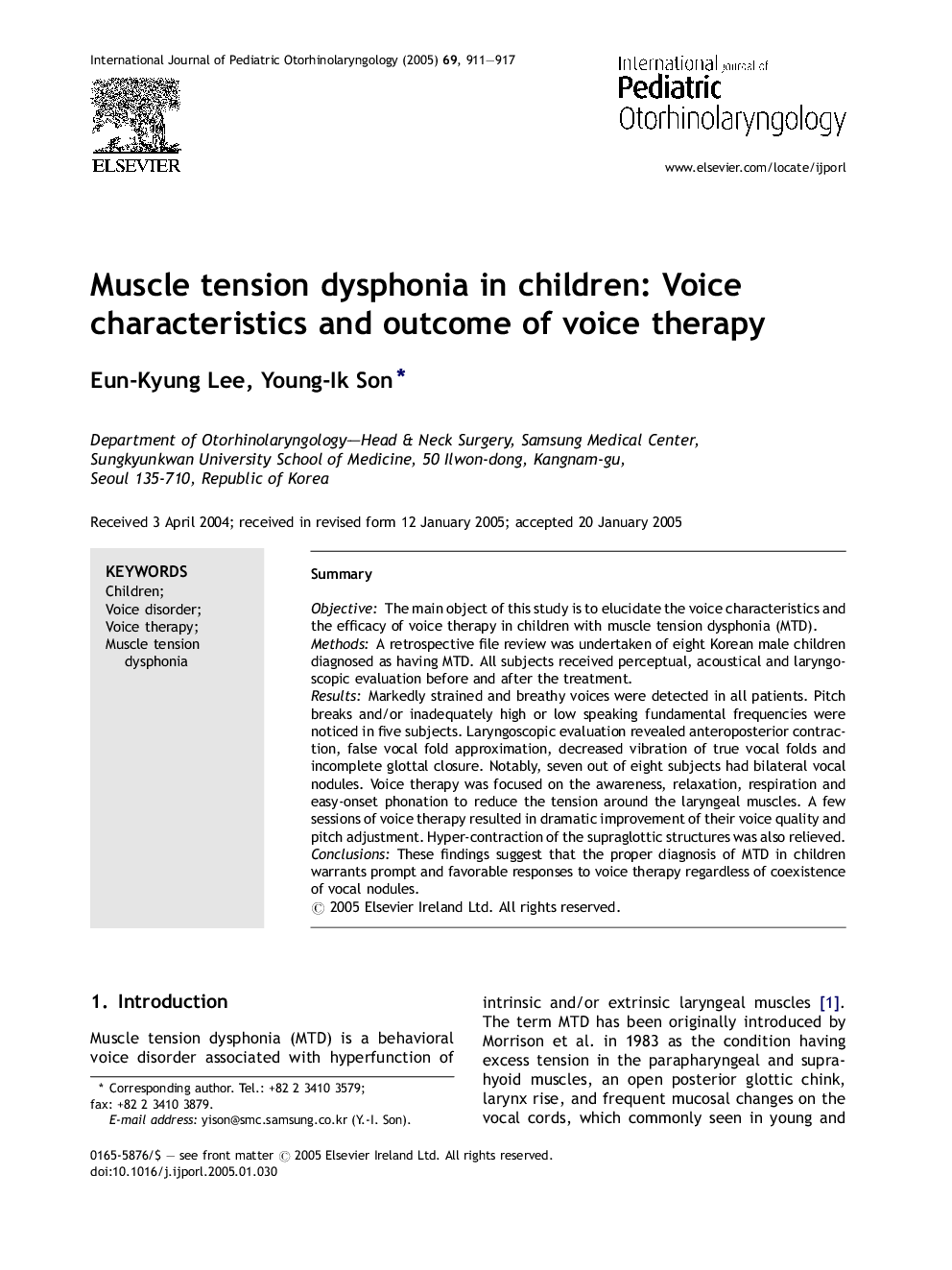 Muscle tension dysphonia in children: Voice characteristics and outcome of voice therapy