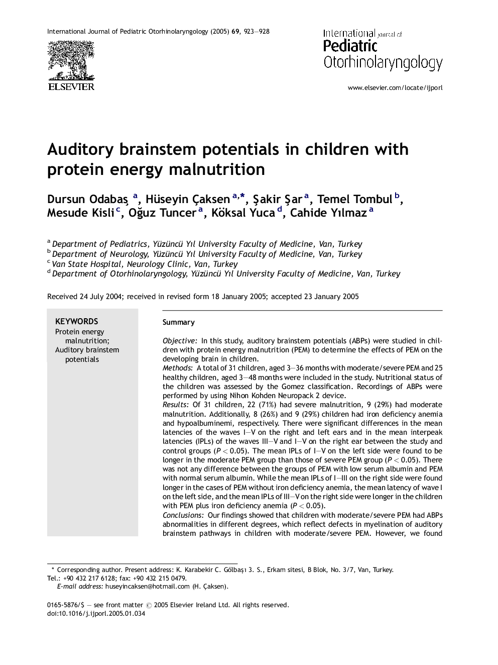 Auditory brainstem potentials in children with protein energy malnutrition