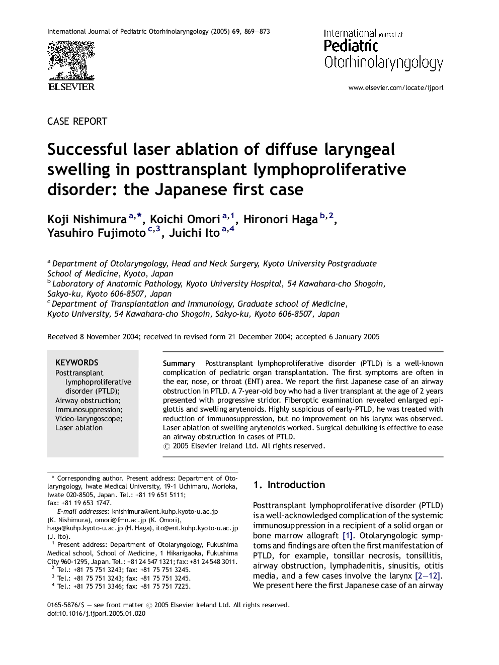 Successful laser ablation of diffuse laryngeal swelling in posttransplant lymphoproliferative disorder: the Japanese first case