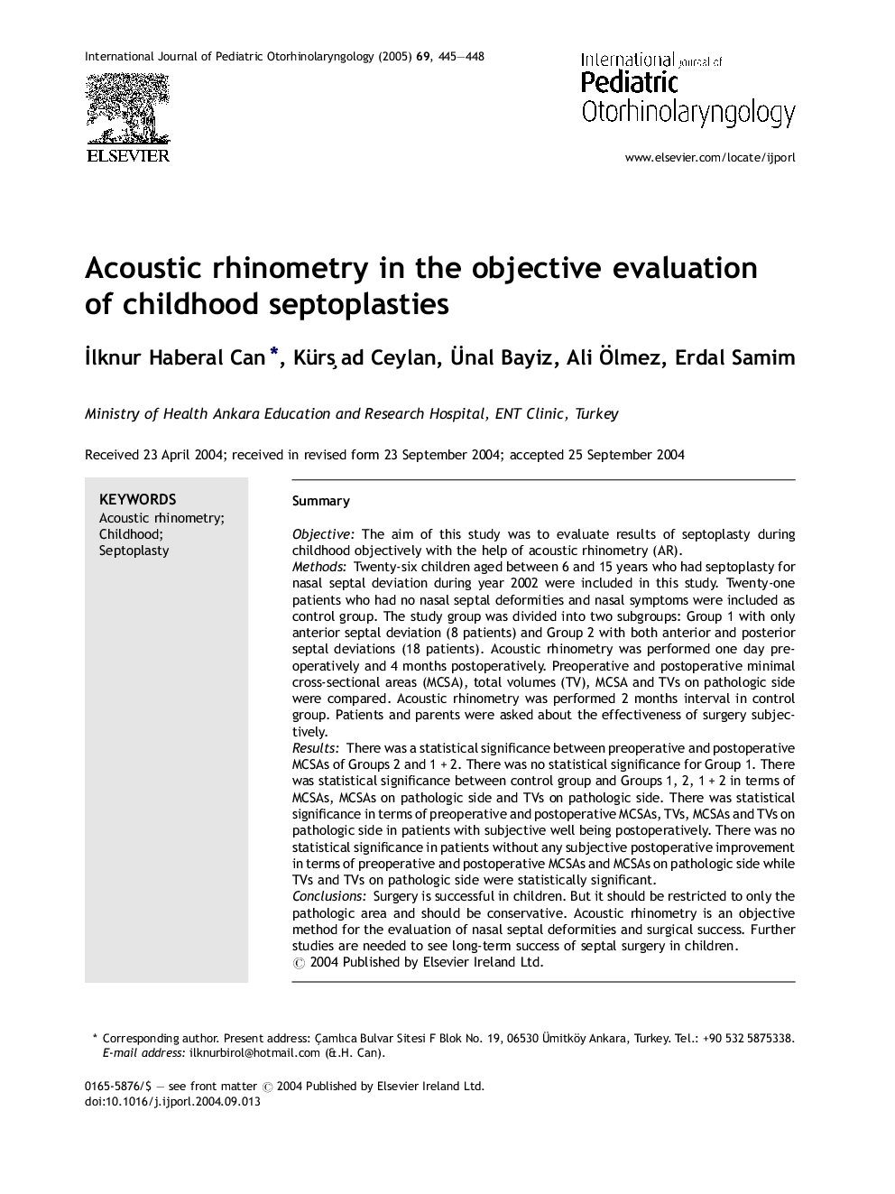 Acoustic rhinometry in the objective evaluation of childhood septoplasties