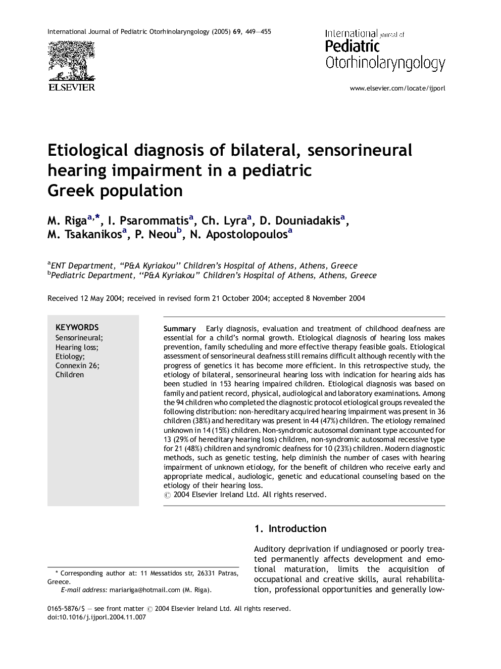 Etiological diagnosis of bilateral, sensorineural hearing impairment in a pediatric Greek population