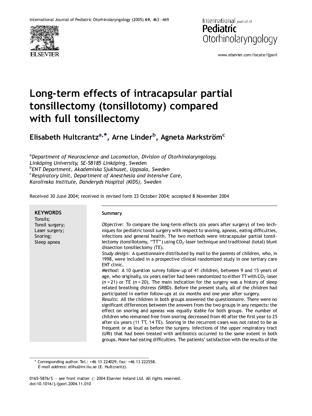 Long-term effects of intracapsular partial tonsillectomy (tonsillotomy) compared with full tonsillectomy