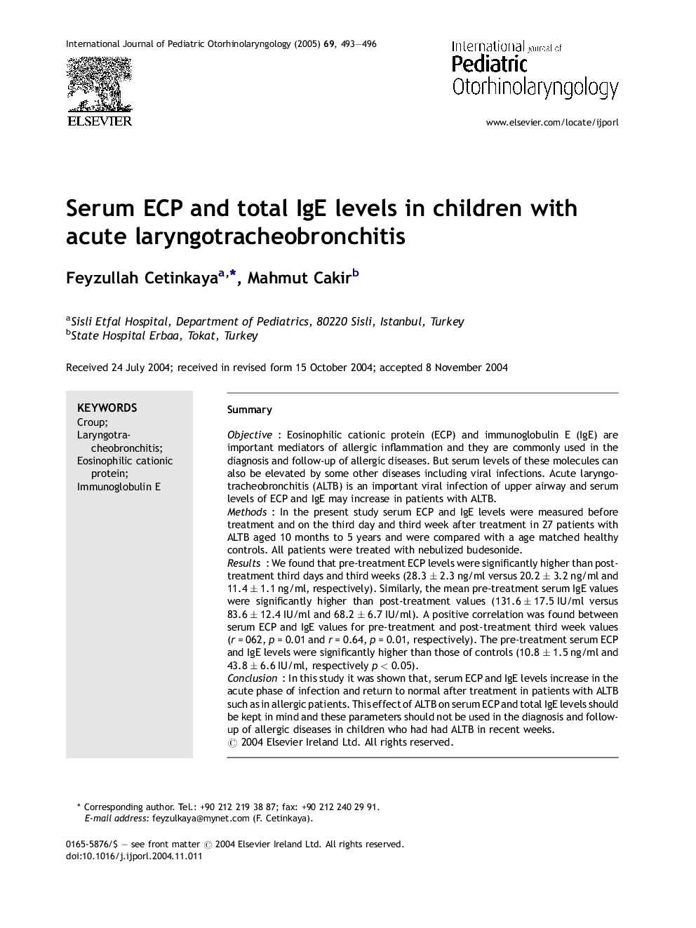 Serum ECP and total IgE levels in children with acute laryngotracheobronchitis