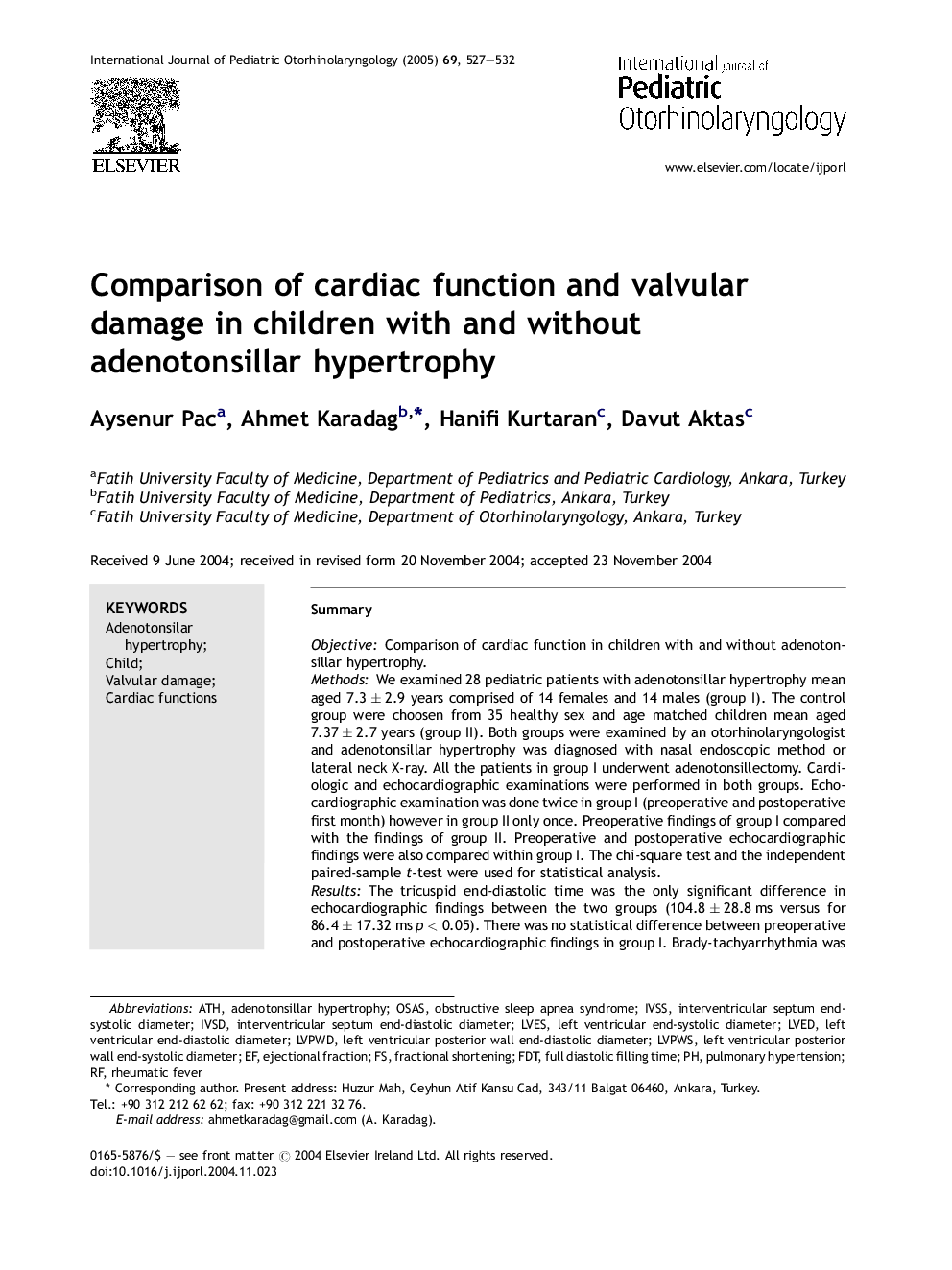 Comparison of cardiac function and valvular damage in children with and without adenotonsillar hypertrophy