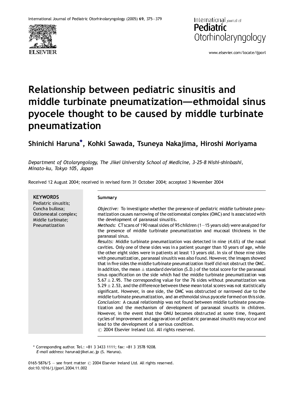 Relationship between pediatric sinusitis and middle turbinate pneumatization-ethmoidal sinus pyocele thought to be caused by middle turbinate pneumatization