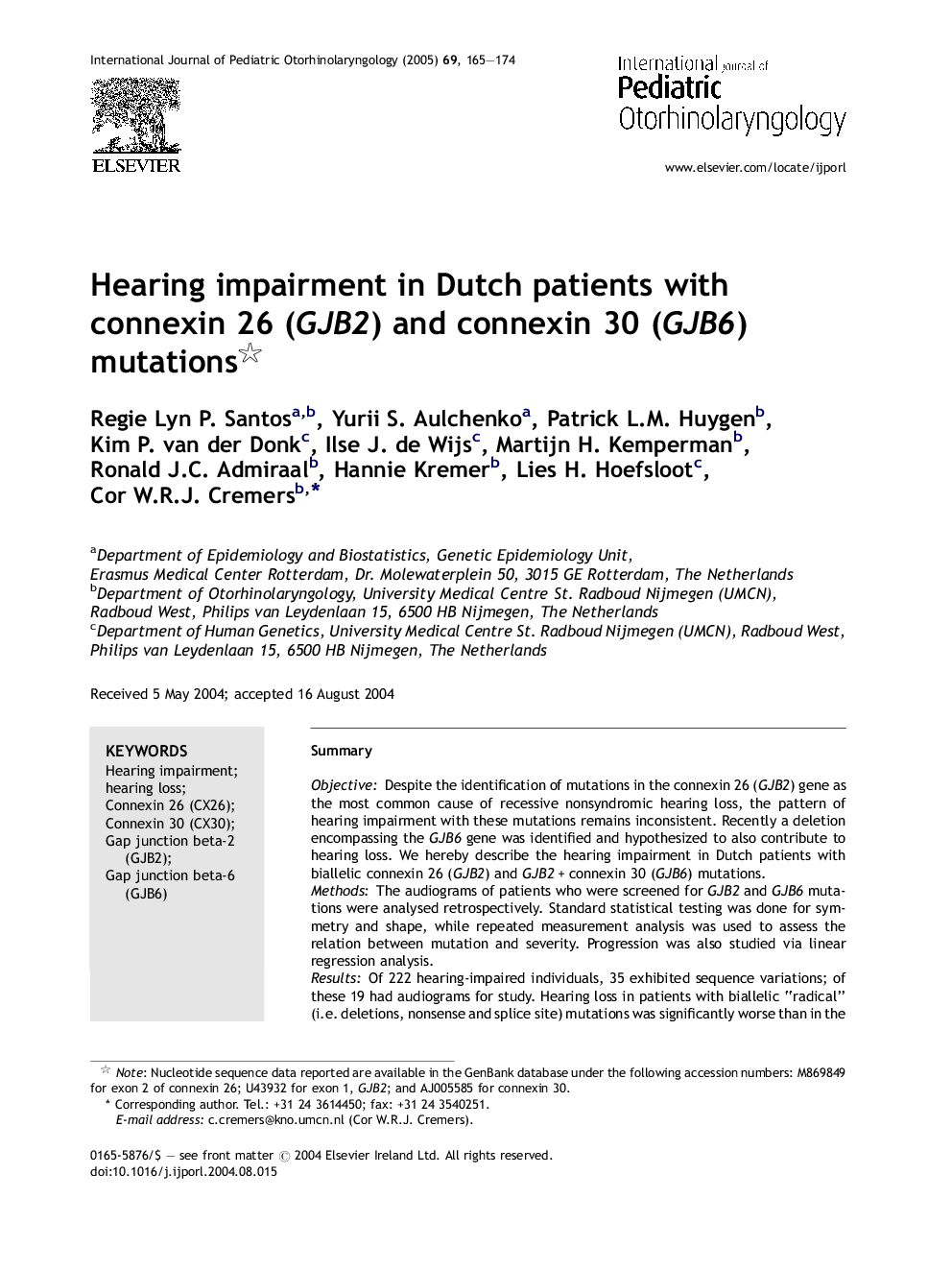 Hearing impairment in Dutch patients with connexin 26 (GJB2) and connexin 30 (GJB6) mutations