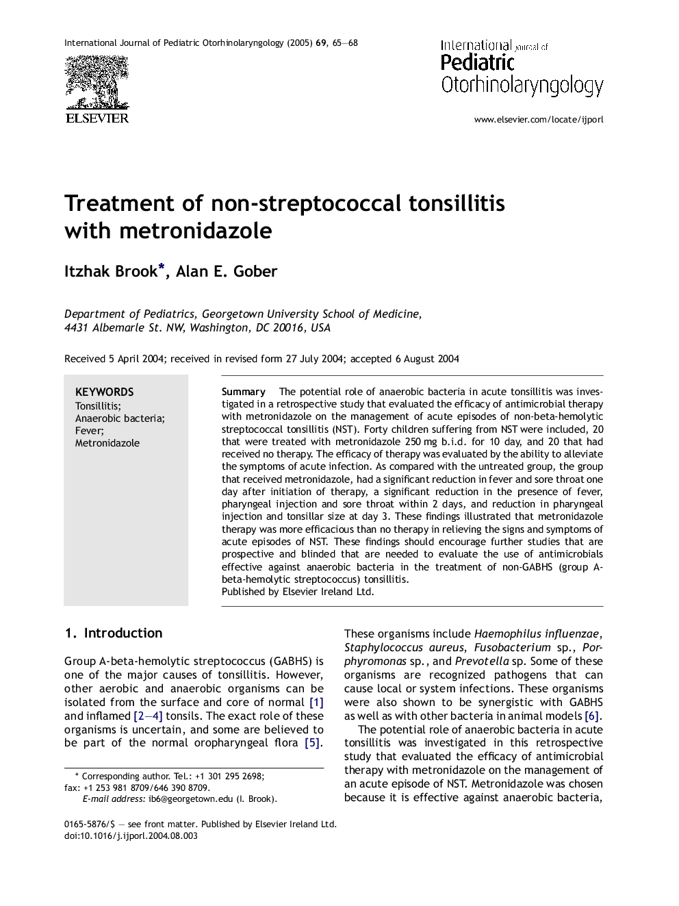 Treatment of non-streptococcal tonsillitis with metronidazole