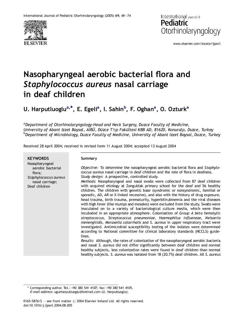 Nasopharyngeal aerobic bacterial flora and Staphylococcus aureus nasal carriage in deaf children