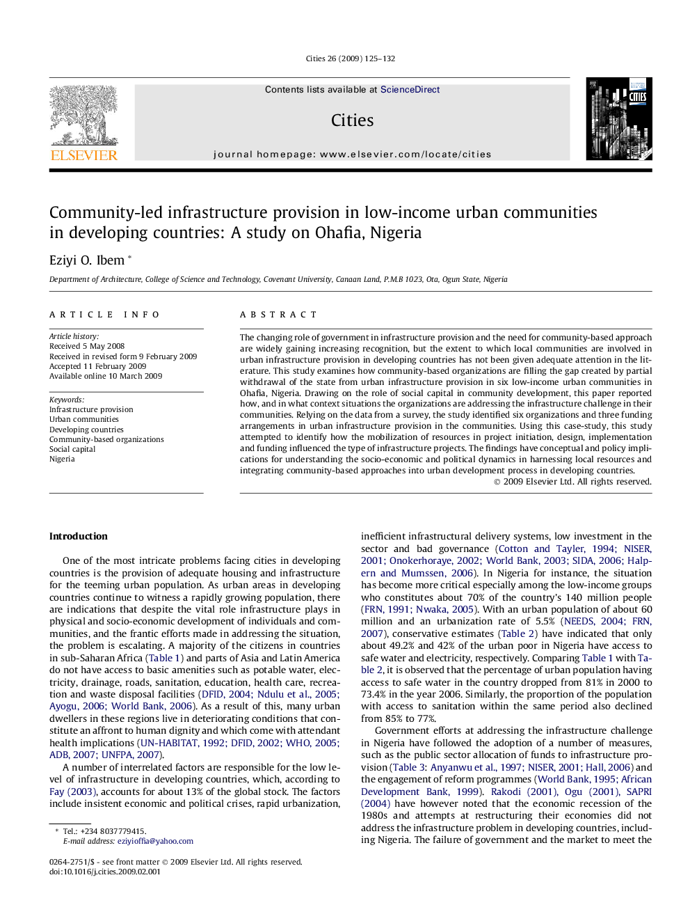 Community-led infrastructure provision in low-income urban communities in developing countries: A study on Ohafia, Nigeria