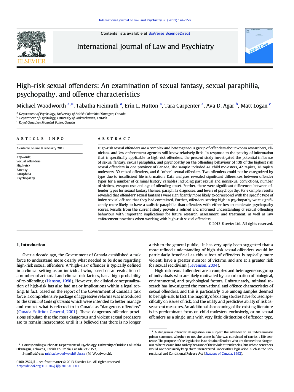 High-risk sexual offenders: An examination of sexual fantasy, sexual paraphilia, psychopathy, and offence characteristics