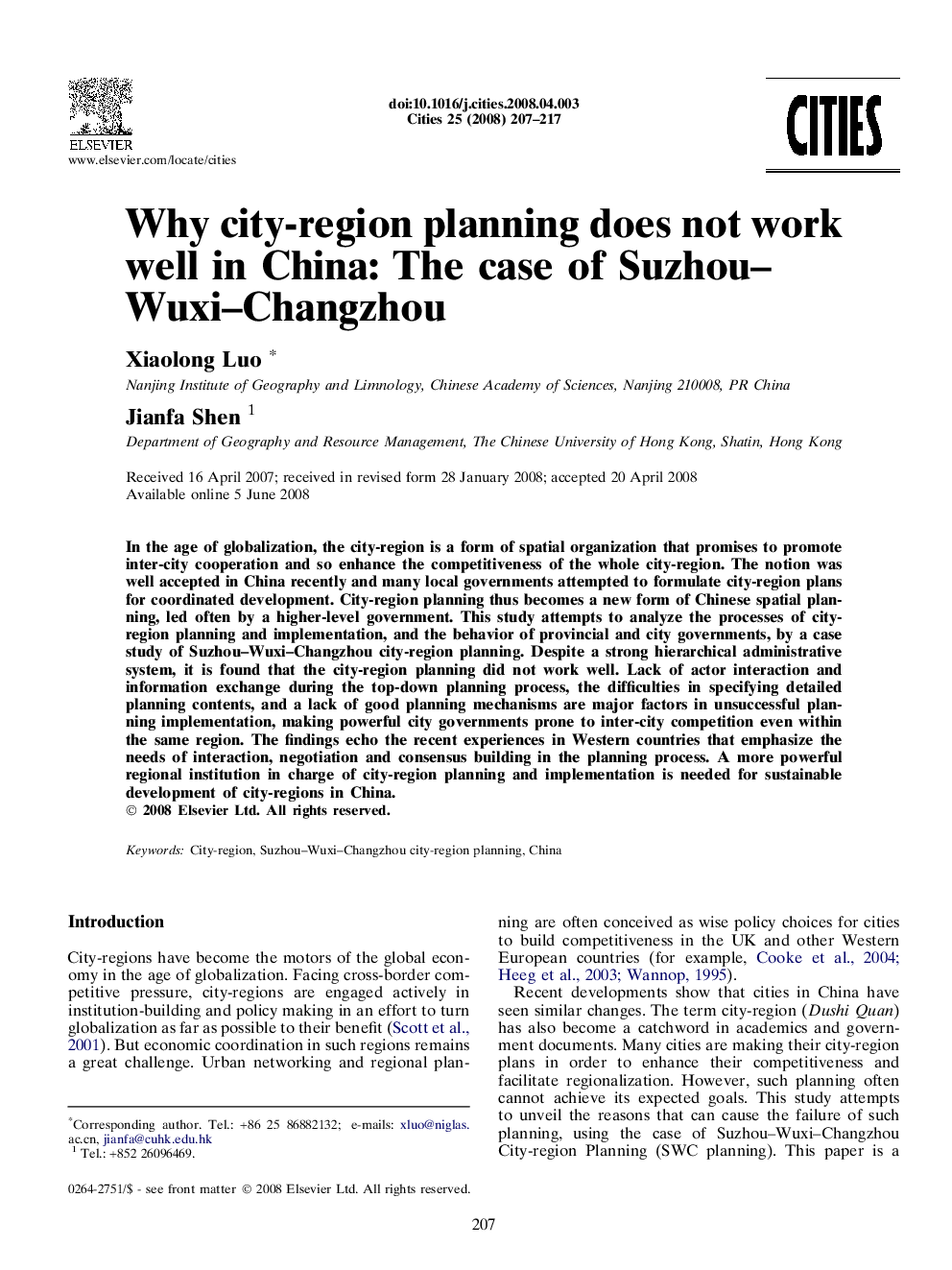 Why city-region planning does not work well in China: The case of Suzhou–Wuxi–Changzhou