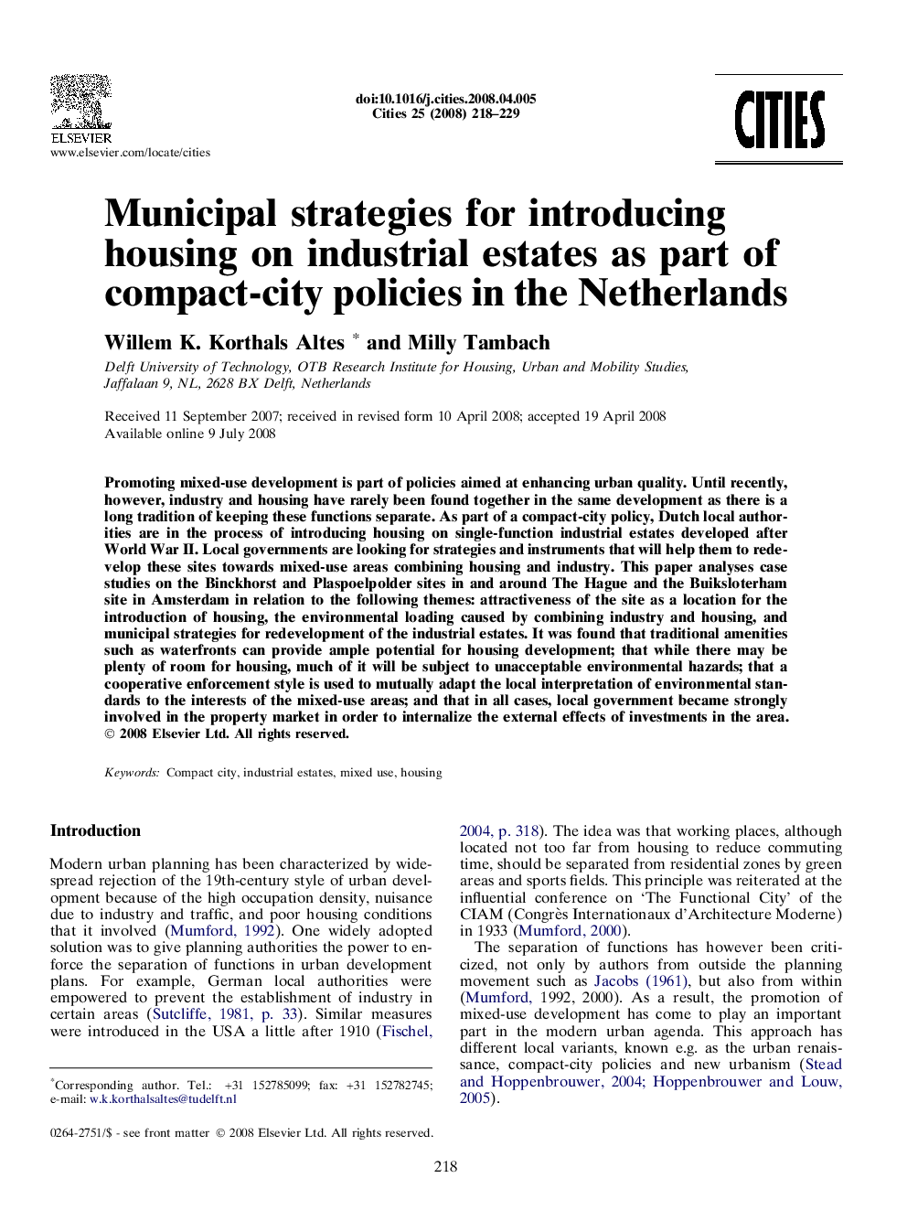 Municipal strategies for introducing housing on industrial estates as part of compact-city policies in the Netherlands