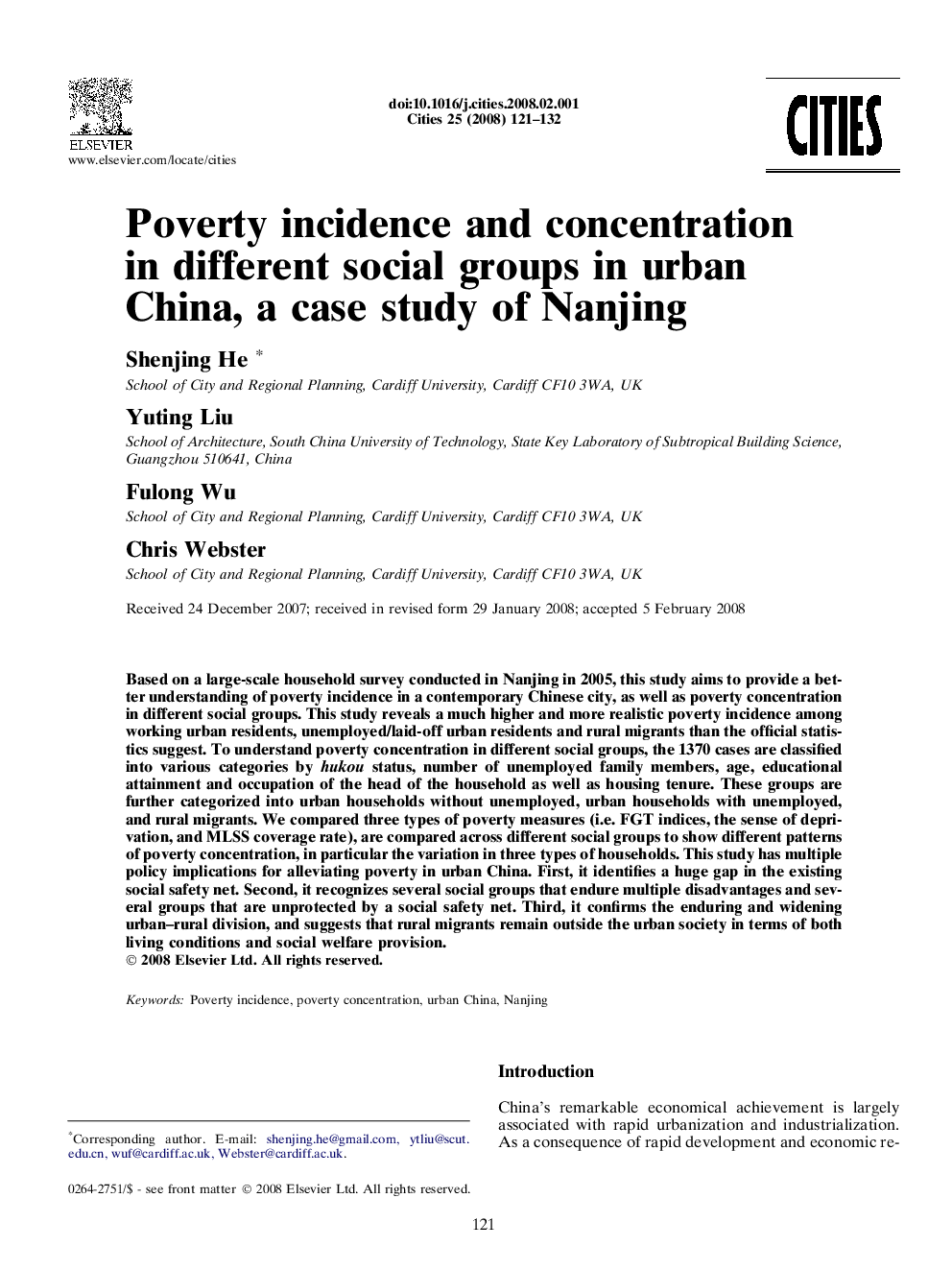 Poverty incidence and concentration in different social groups in urban China, a case study of Nanjing